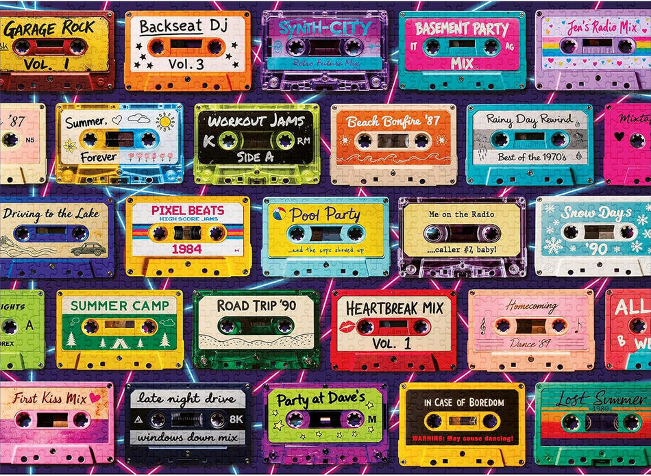final piece mixtape memories jigsaw puzzle of colorful cassette tapes with various labels on a multicolored background