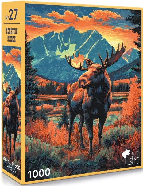 Jigsaw puzzle box with moose illustration and mountain landscape