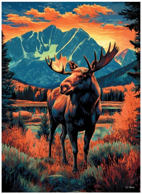 final piece mountain moose jigsaw puzzle of Moose standing in a forest with mountains and sunset in the background