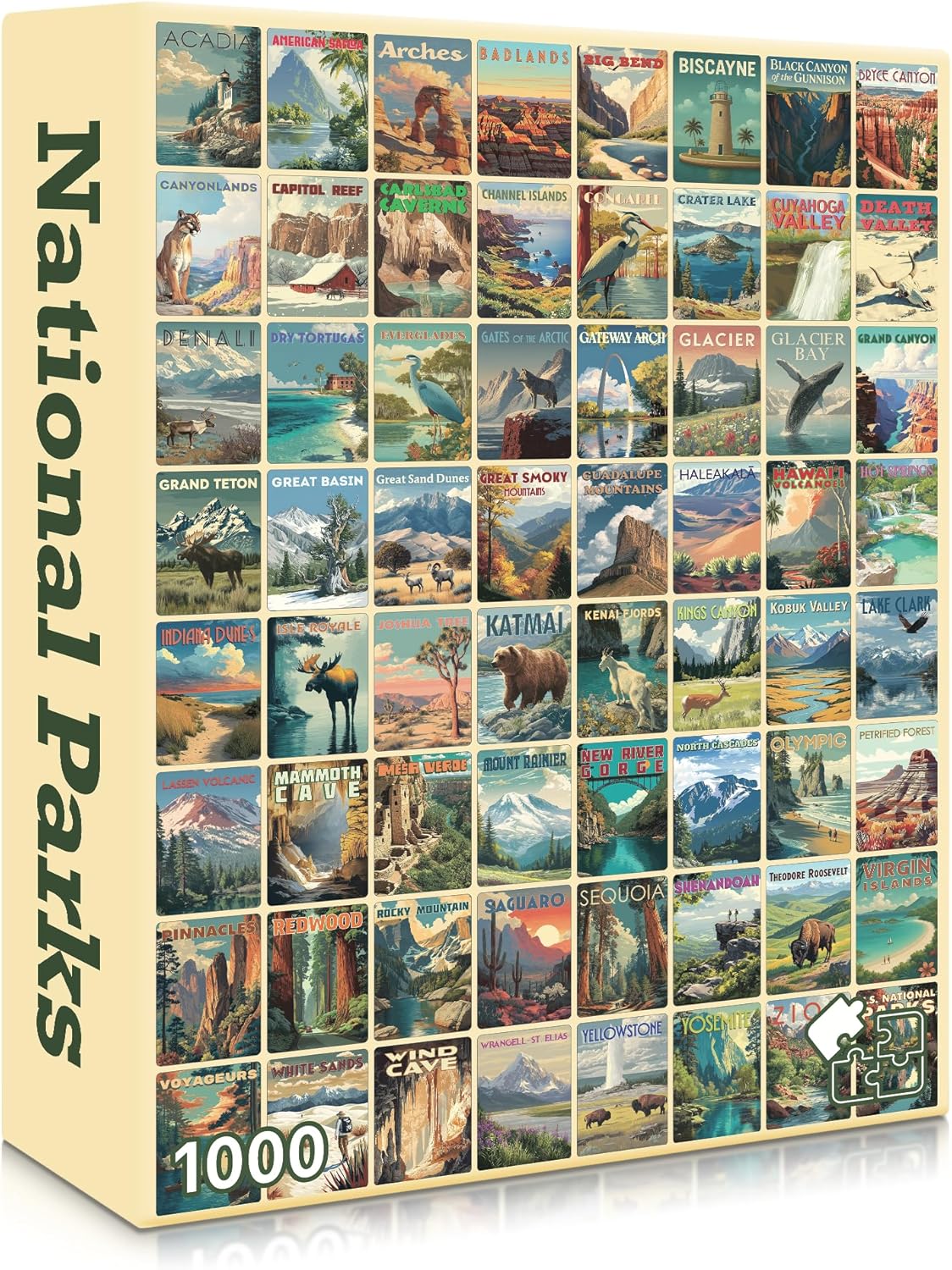Jigsaw puzzle box featuring images of national parks with 'National Parks' branding.