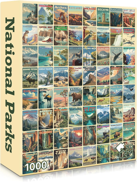 Jigsaw puzzle box featuring images of national parks with 'National Parks' branding.