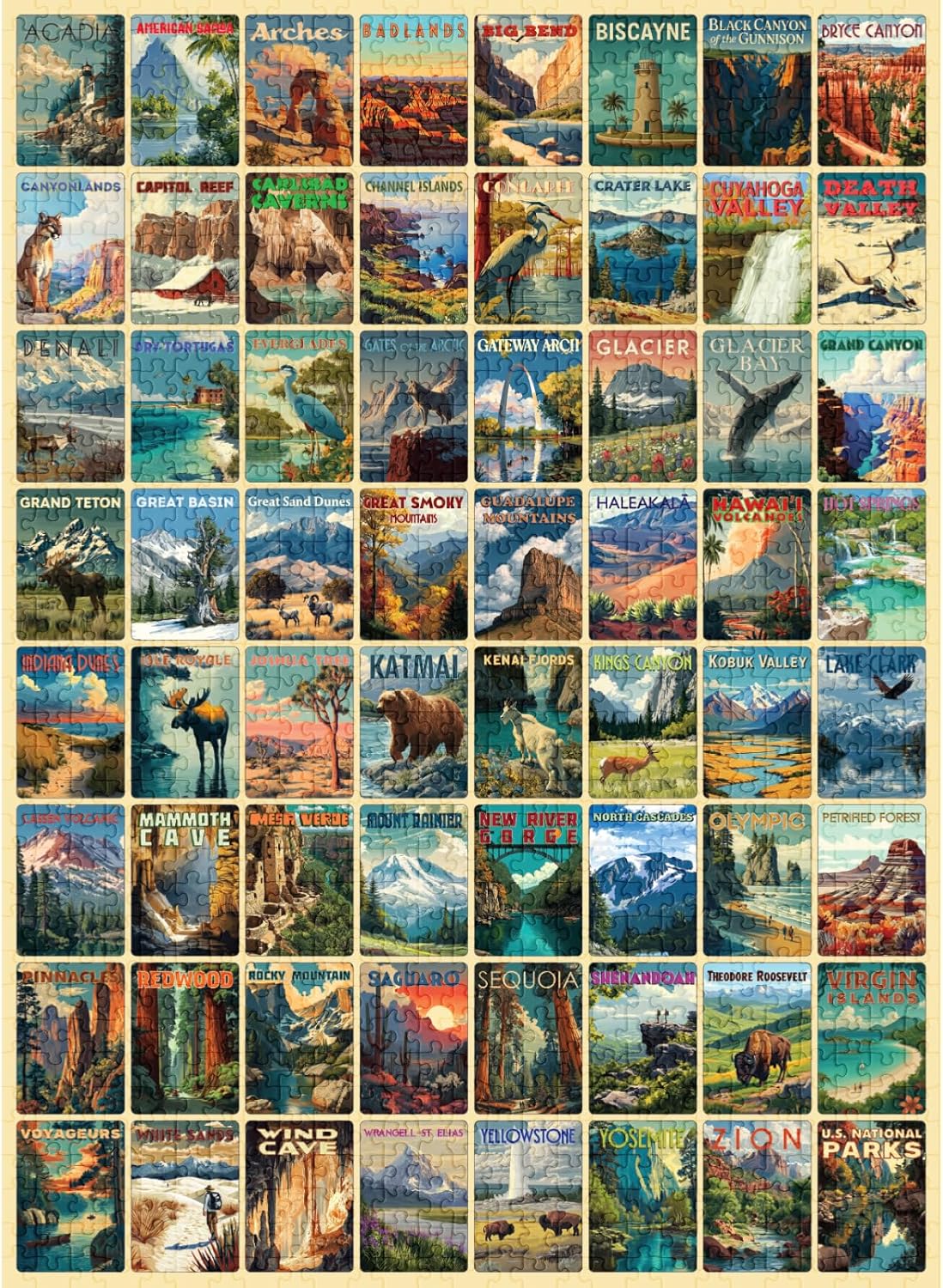final piece national parks jigsaw puzzle of vintage-style posters featuring national parks and scenic landscapes.