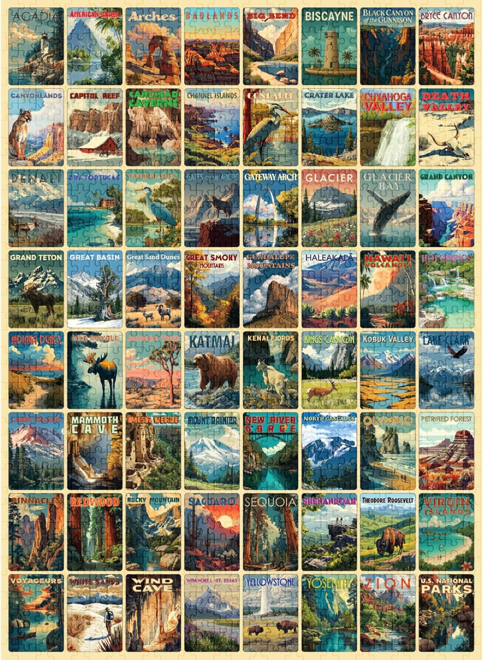 final piece national parks jigsaw puzzle of vintage-style posters featuring national parks and scenic landscapes.