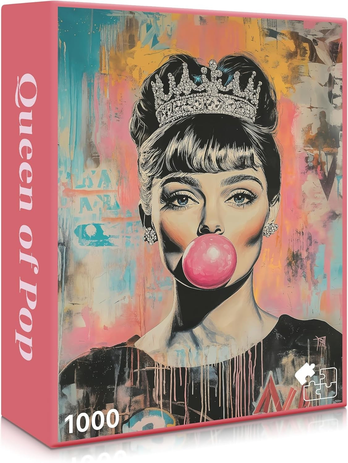Jigsaw puzzle box featuring a stylized portrait with a tiara and bubble gum, titled 'Queen of Pop'.