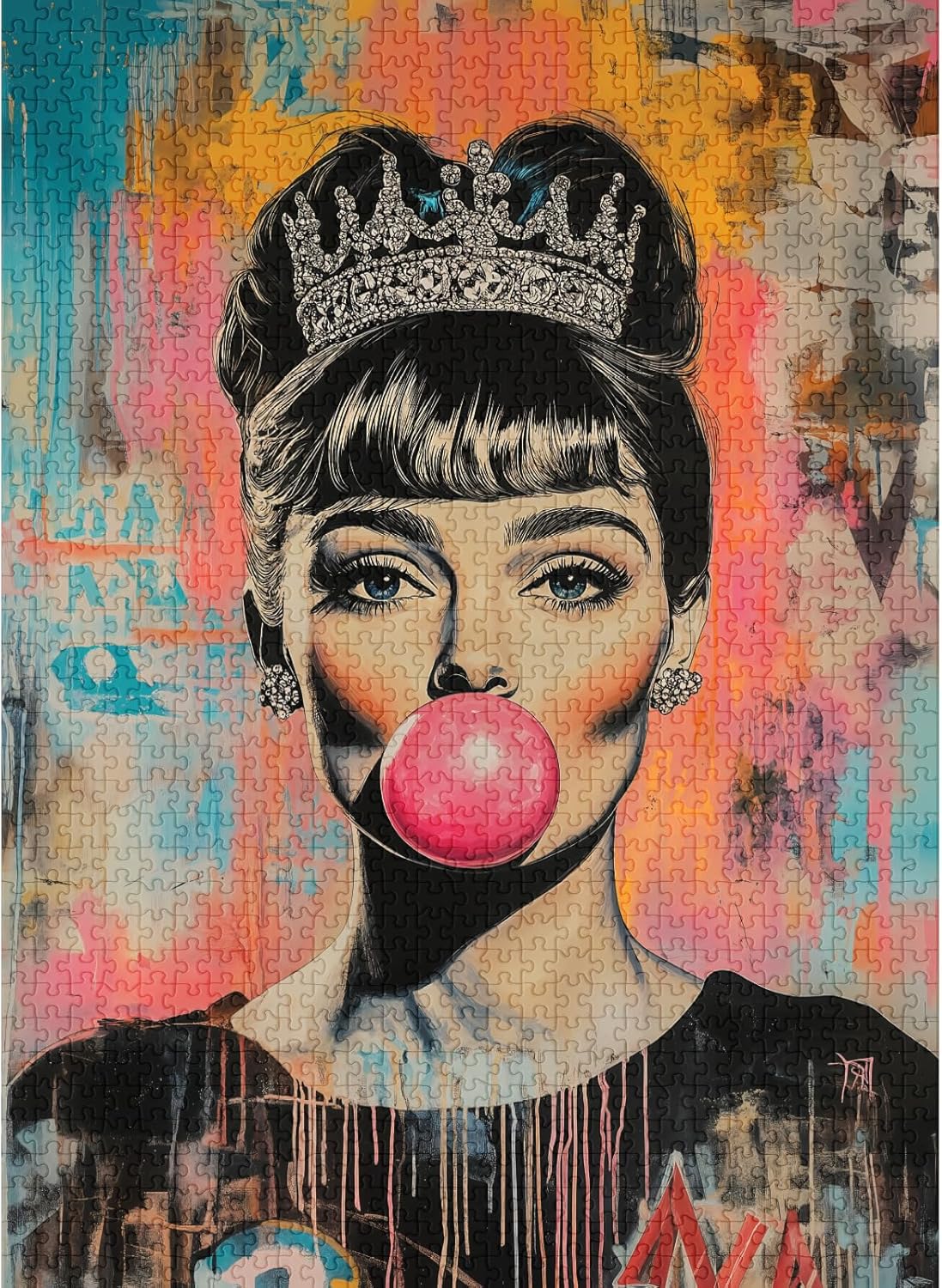 final piece queen of pop Artistic  jigsaw puzzle depiction of a woman with a tiara blowing a bubble gum bubble against a colorful abstract background.