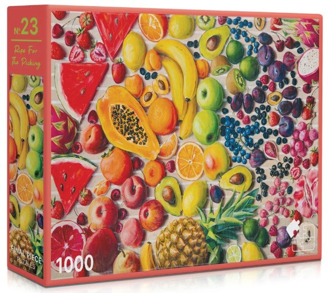 Fruit-themed puzzle box with colorful fruits and vegetables on a white background