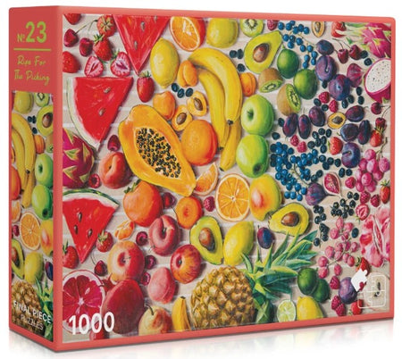 Fruit-themed puzzle box with colorful fruits and vegetables on a white background