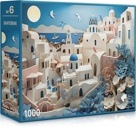 Santorini-themed puzzle box with architectural design and blue sky from final piece puzzles