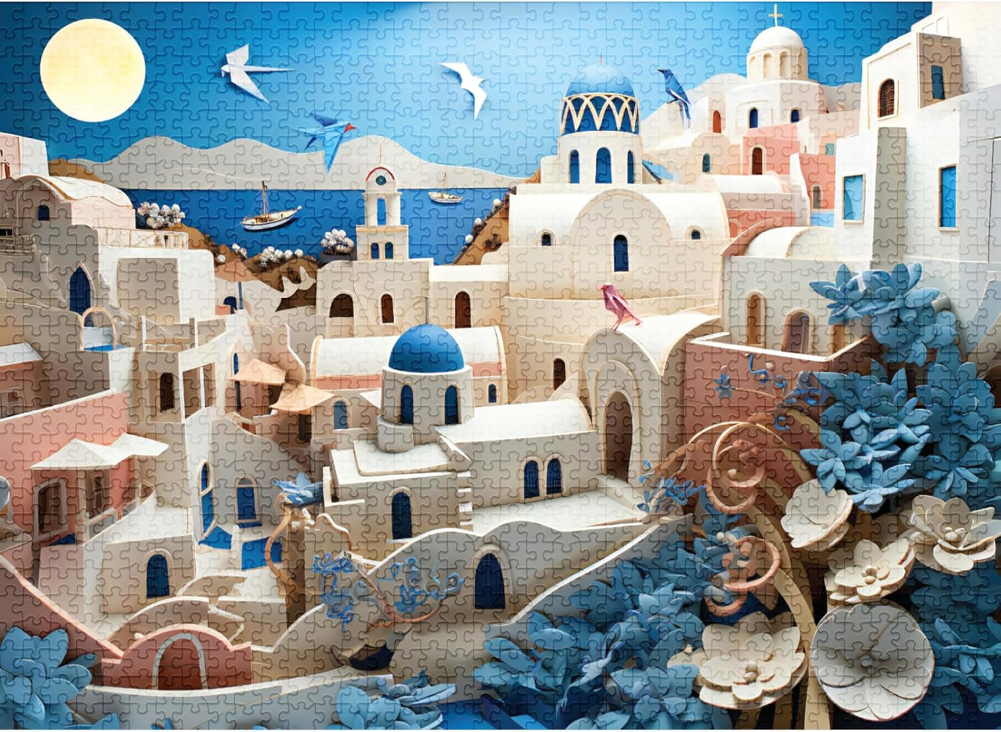 Colorful final piece santorini jigsaw puzzle mosaic of a Mediterranean village with blue domes and white buildings.