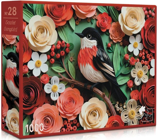 Jigsaw puzzle box with a design of birds and flowers, featuring the number 28 and 1000 pieces.
