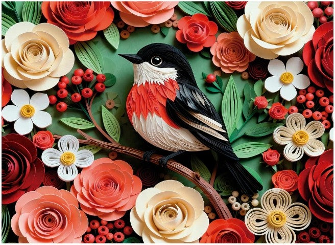 final piece scarlet songbird jigsaw puzzle of Bird perched on a branch surrounded by colorful flowers and leaves