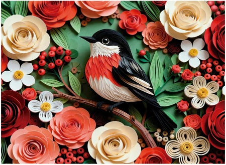 final piece scarlet songbird jigsaw puzzle of Bird perched on a branch surrounded by colorful flowers and leaves