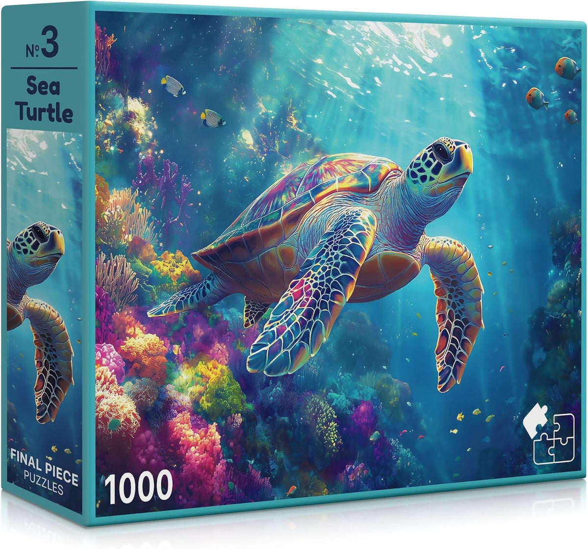 Puzzle box featuring a sea turtle and coral reef design with 'Final Piece' branding.
