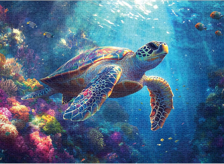 final piece sea turtle jigsaw puzzle of Colorful turtle swimming in an underwater scene with coral and fish