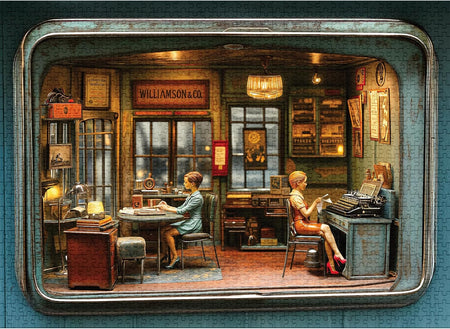 final piece small business jigsaw puzzle Illustration of a vintage office scene with two people working.