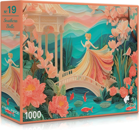 Jigsaw puzzle box with a design of a woman in a garden, flowers, and a bridge.