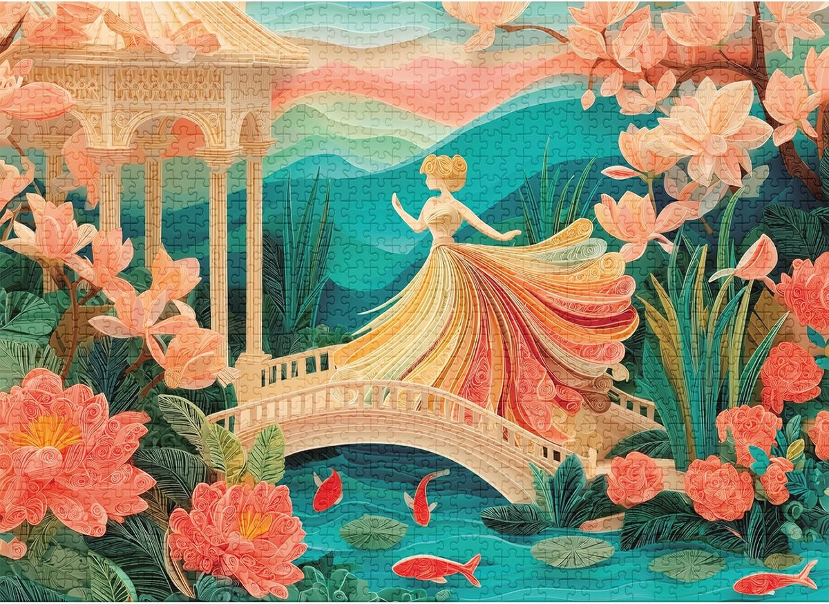 final piece southern belle Colorful  jigsaw puzzle illustration of a woman in a garden with flowers and a bridge