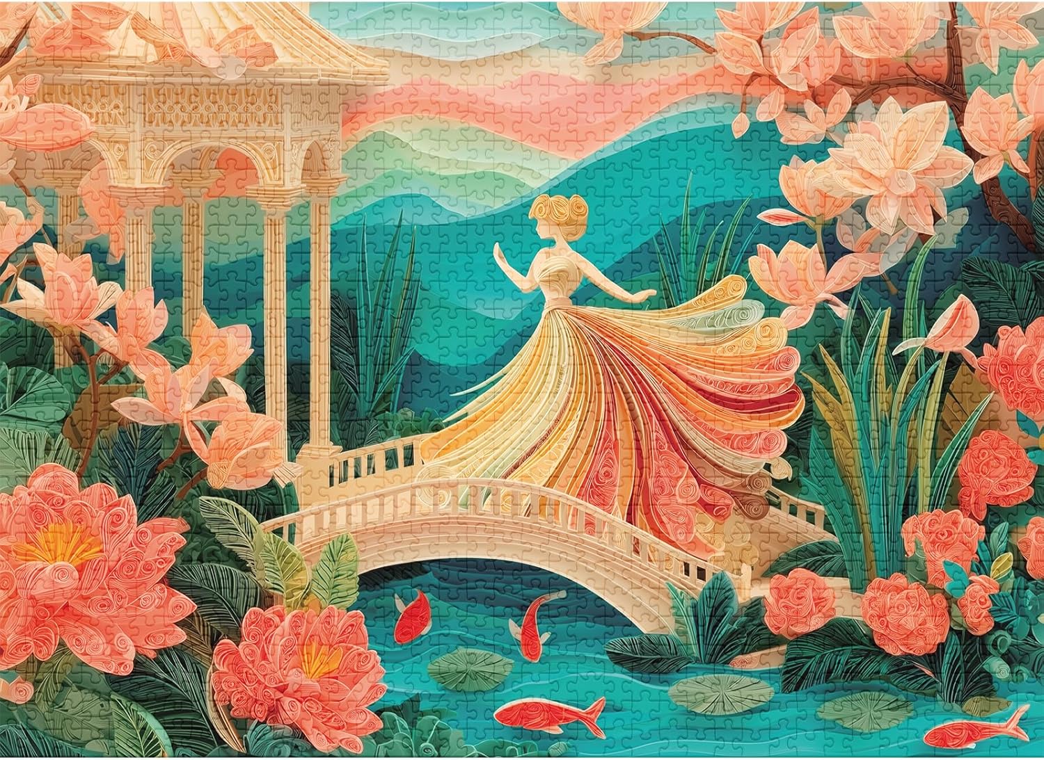final piece southern belle Colorful  jigsaw puzzle illustration of a woman in a garden with flowers and a bridge