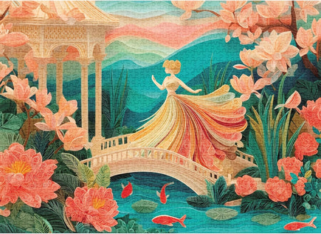 final piece southern belle Colorful  jigsaw puzzle illustration of a woman in a garden with flowers and a bridge