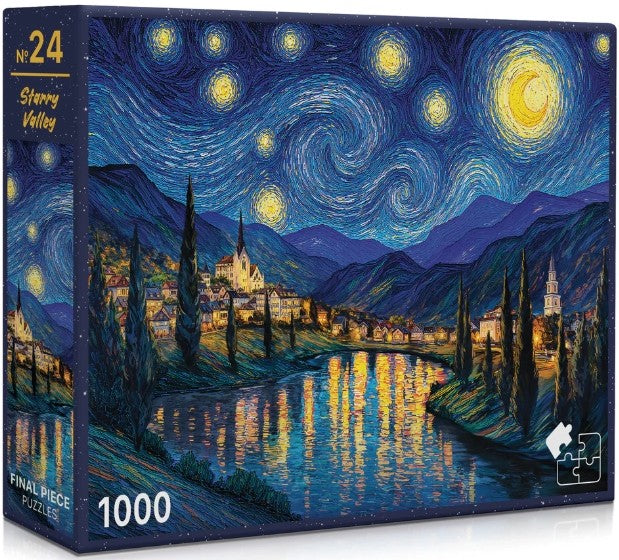 Starry Night-themed puzzle box with Van Gogh's famous painting design.