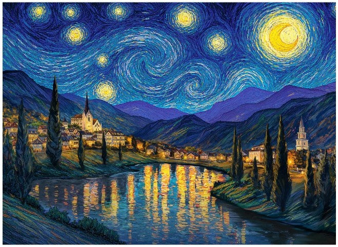 final piece starry valley jigsaw puzzle with Starry Night-theme inspired by Van Gogh's famous painting design.