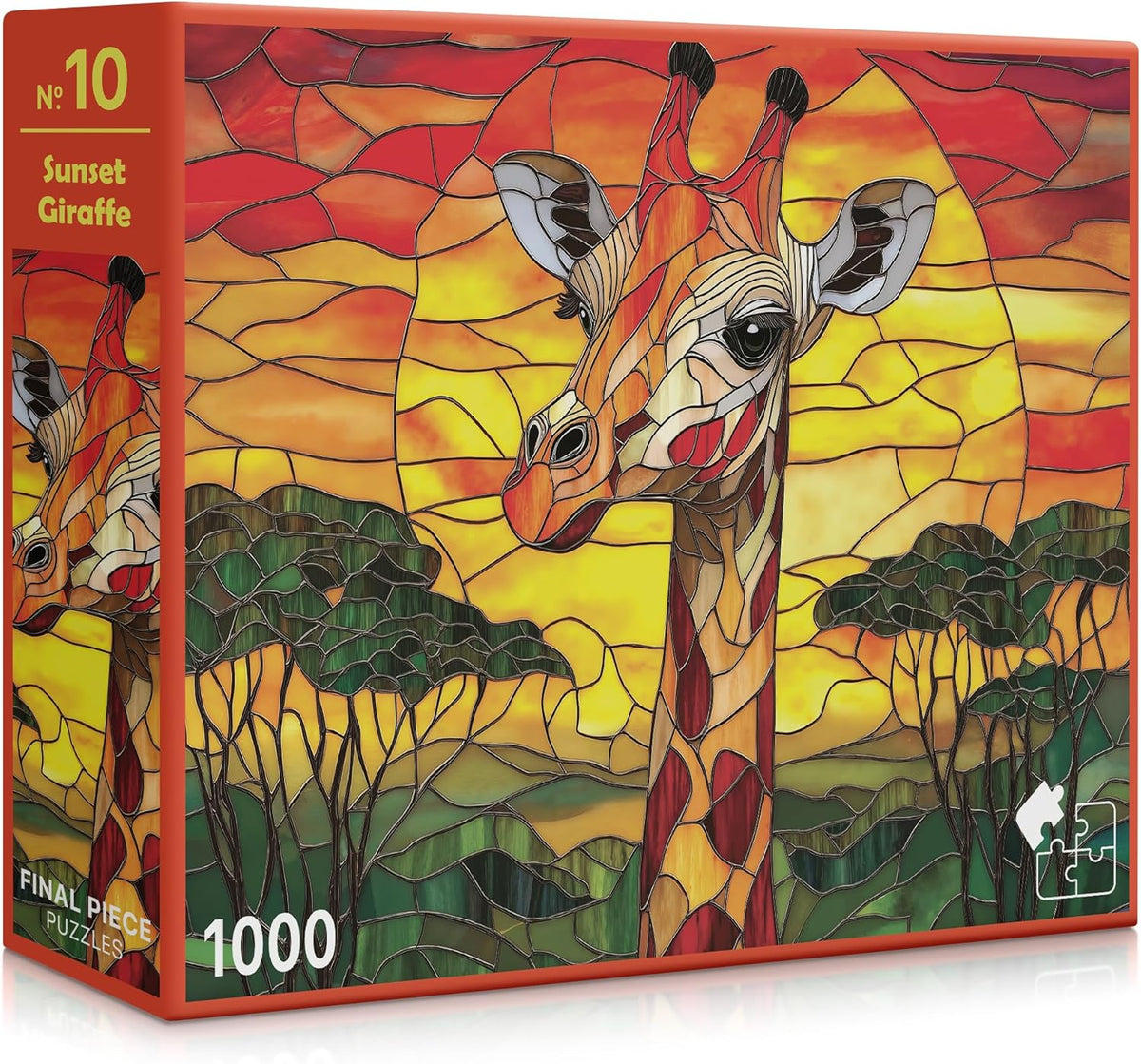 Jigsaw puzzle box with a sunset giraffe design on a colorful background