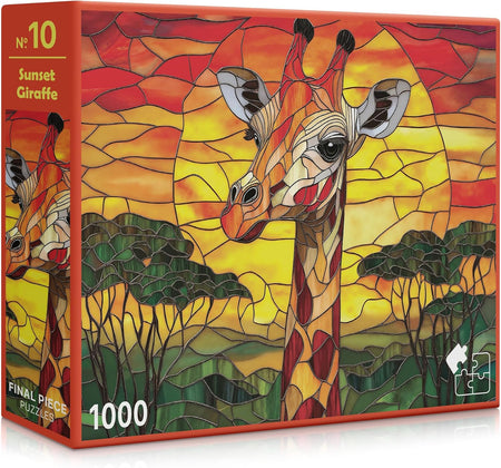 Jigsaw puzzle box with a sunset giraffe design on a colorful background