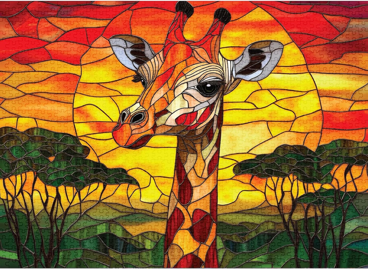 final piece sunset giraffe jigsaw puzzle of Stylized giraffe against a colorful sunset background