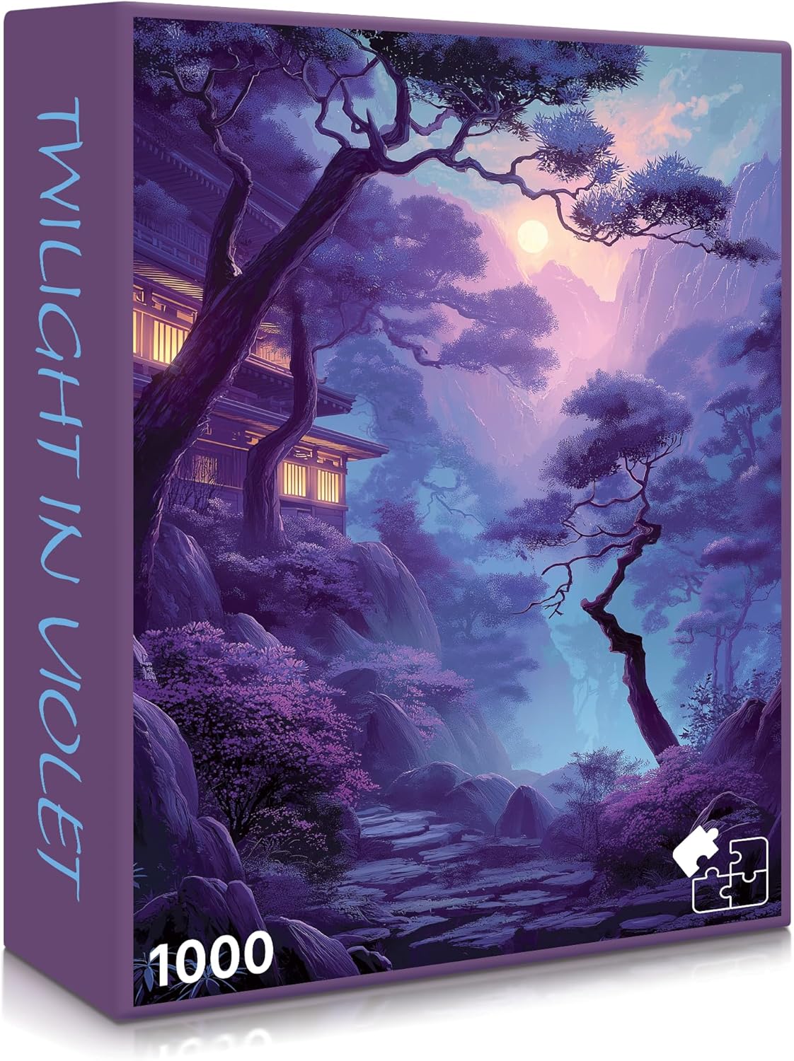 Jigsaw puzzle box with a scenic design of a temple and waterfall, titled 'Twilight in Violet'.