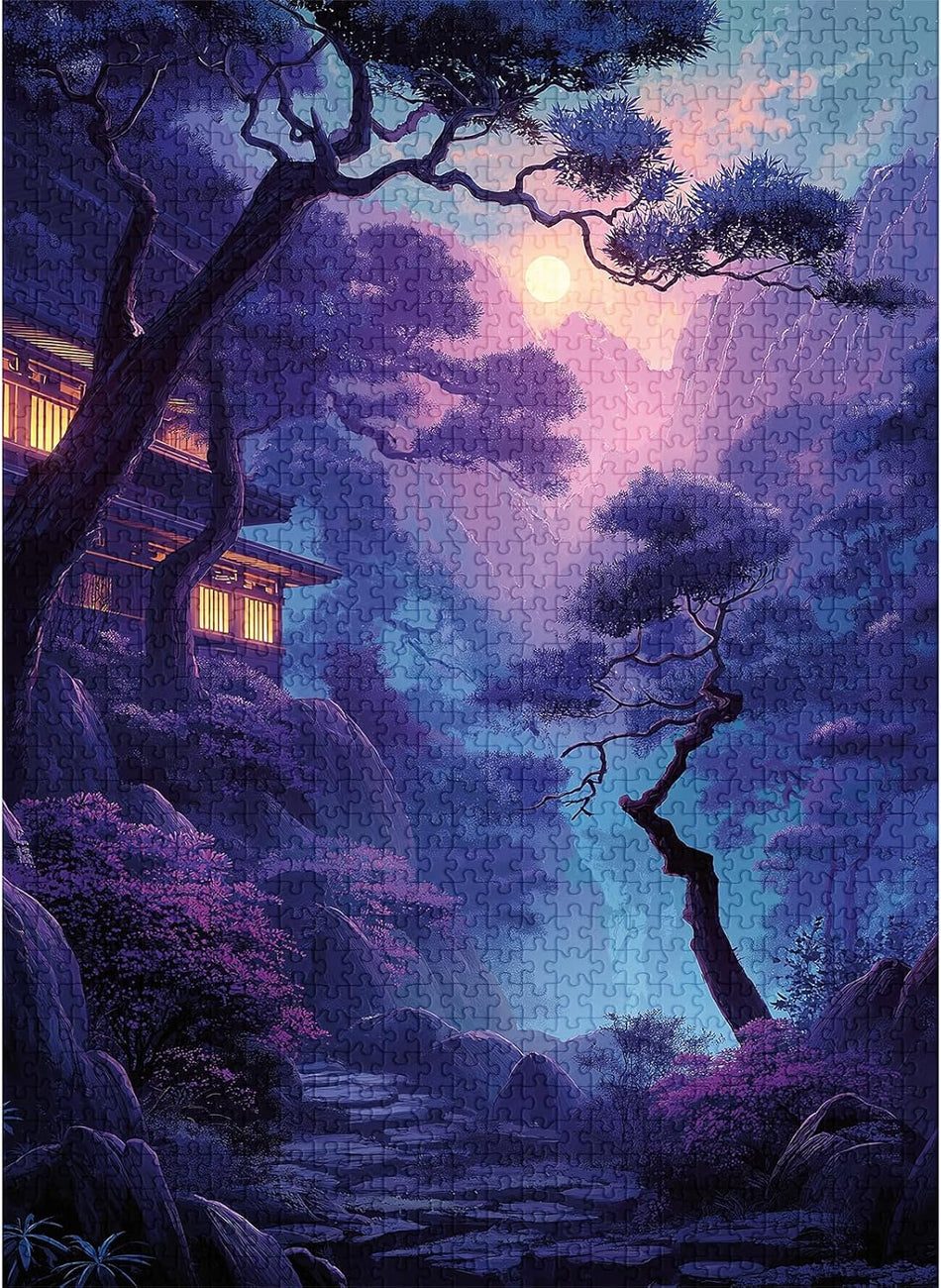 final piece twilight in violet jigsaw puzzle of mystical forest scene with a building, trees, and a glowing moon.