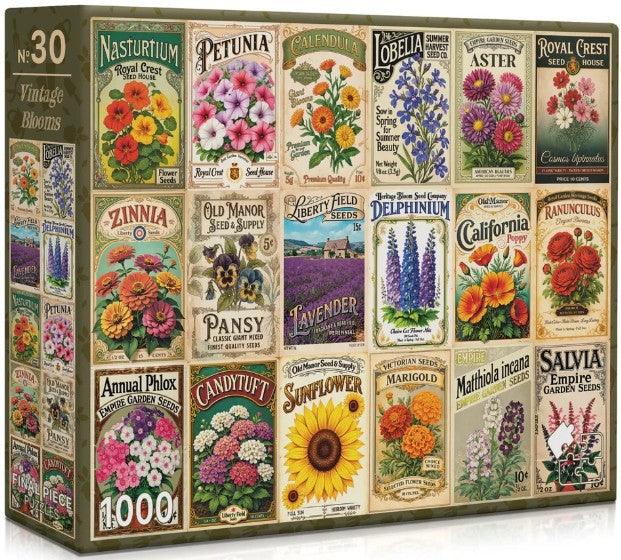 final piece vintage blooms jigsaw puzzle box of flower seed packets