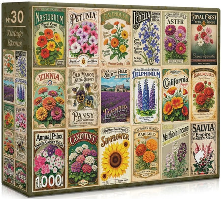 final piece vintage blooms jigsaw puzzle box of flower seed packets