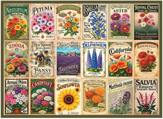 final piece vintage blooms jigsaw puzzle of flower seed packets