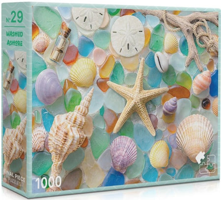 Jigsaw puzzle box with seashell and starfish design on a blue background