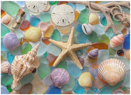 final piece washed ashore jigsaw puzzle of Seashells, starfish, and bottle on a mosaic background