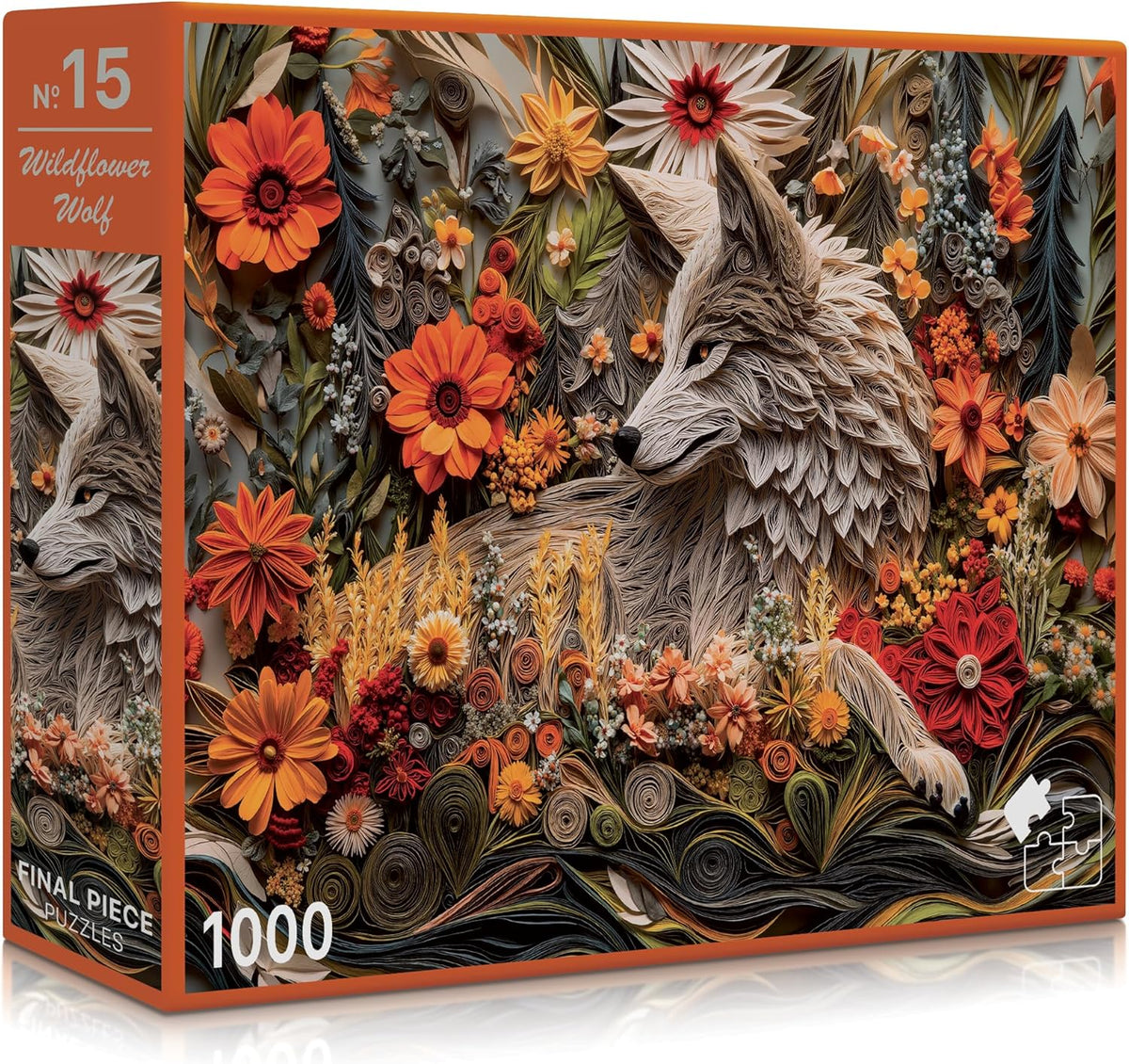 Jigsaw puzzle box featuring a wolf and floral design with 'Final Piece' branding.