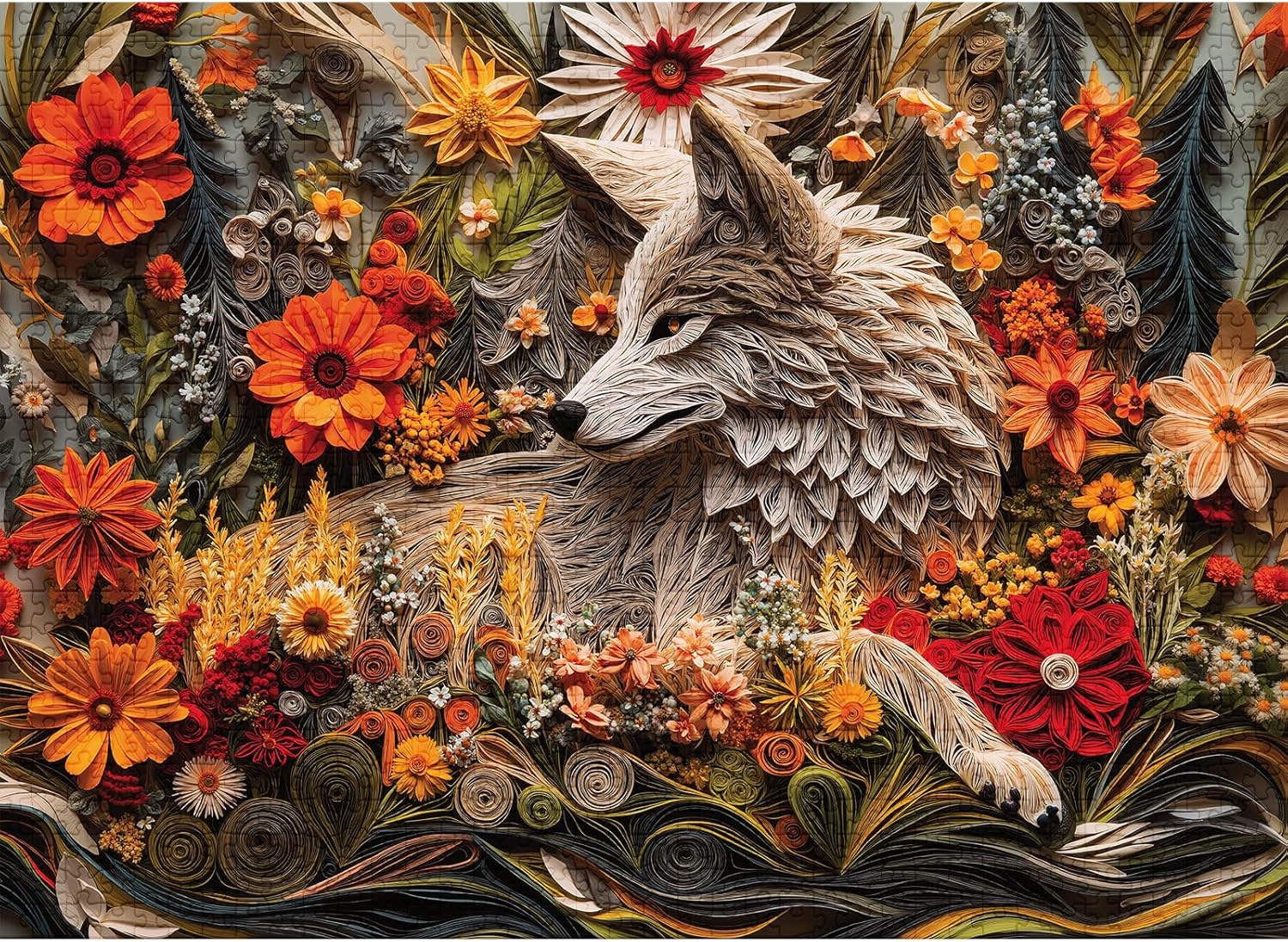 final piece wildflower wolf Artistic jigsaw puzzle depiction of a wolf surrounded by flowers and foliage