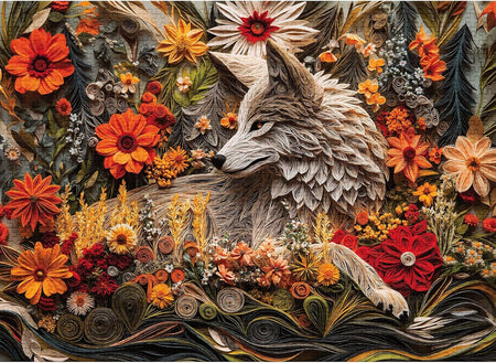 final piece wildflower wolf Artistic jigsaw puzzle depiction of a wolf surrounded by flowers and foliage