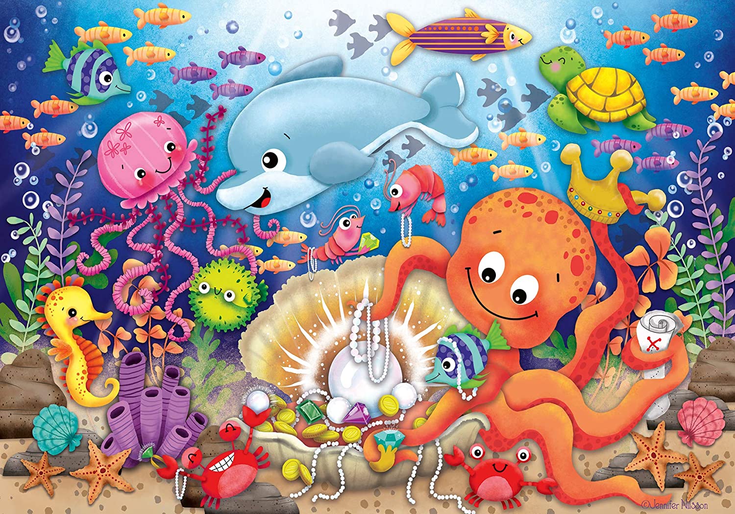 ravensburger childrens puzzle Illustration of various colorful sea creatures including fish, a dolphin, and an octopus in an underwater setting.