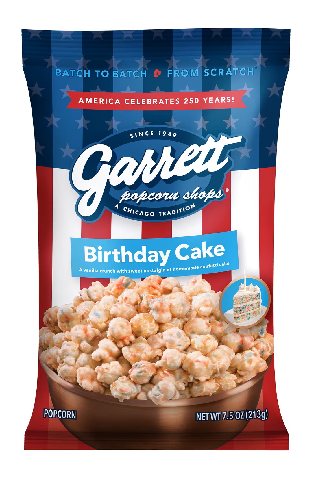7.5 oz. bag of garrett birthday cake popcorn