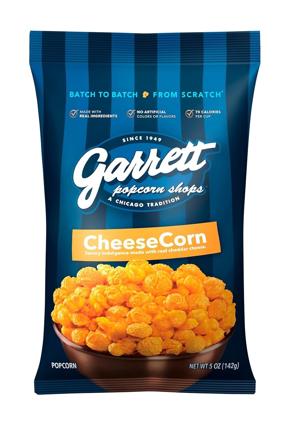 A 5 oz. bag of Garrett Cheese Corn popcorn featuring the brand's logo and a clear window displaying the yellow and orange cheese-coated popcorn.