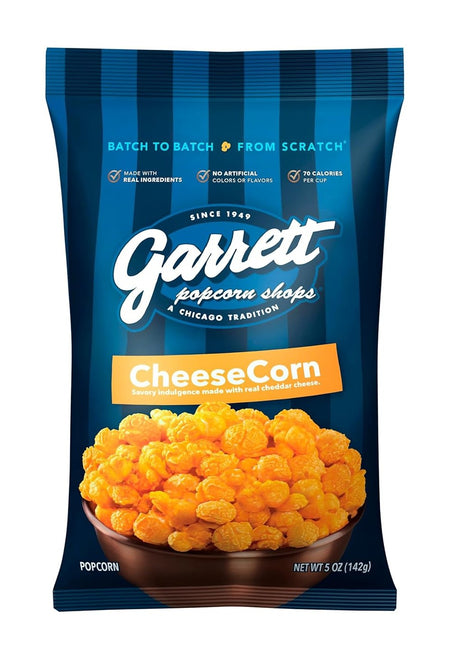 A 5 oz. bag of Garrett Cheese Corn popcorn featuring the brand's logo and a clear window displaying the yellow and orange cheese-coated popcorn.