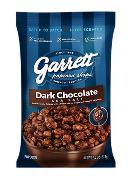 A 7.5 oz bag of Garrett Popcorn Shops Dark Chocolate Sea Salt popcorn on a white background.