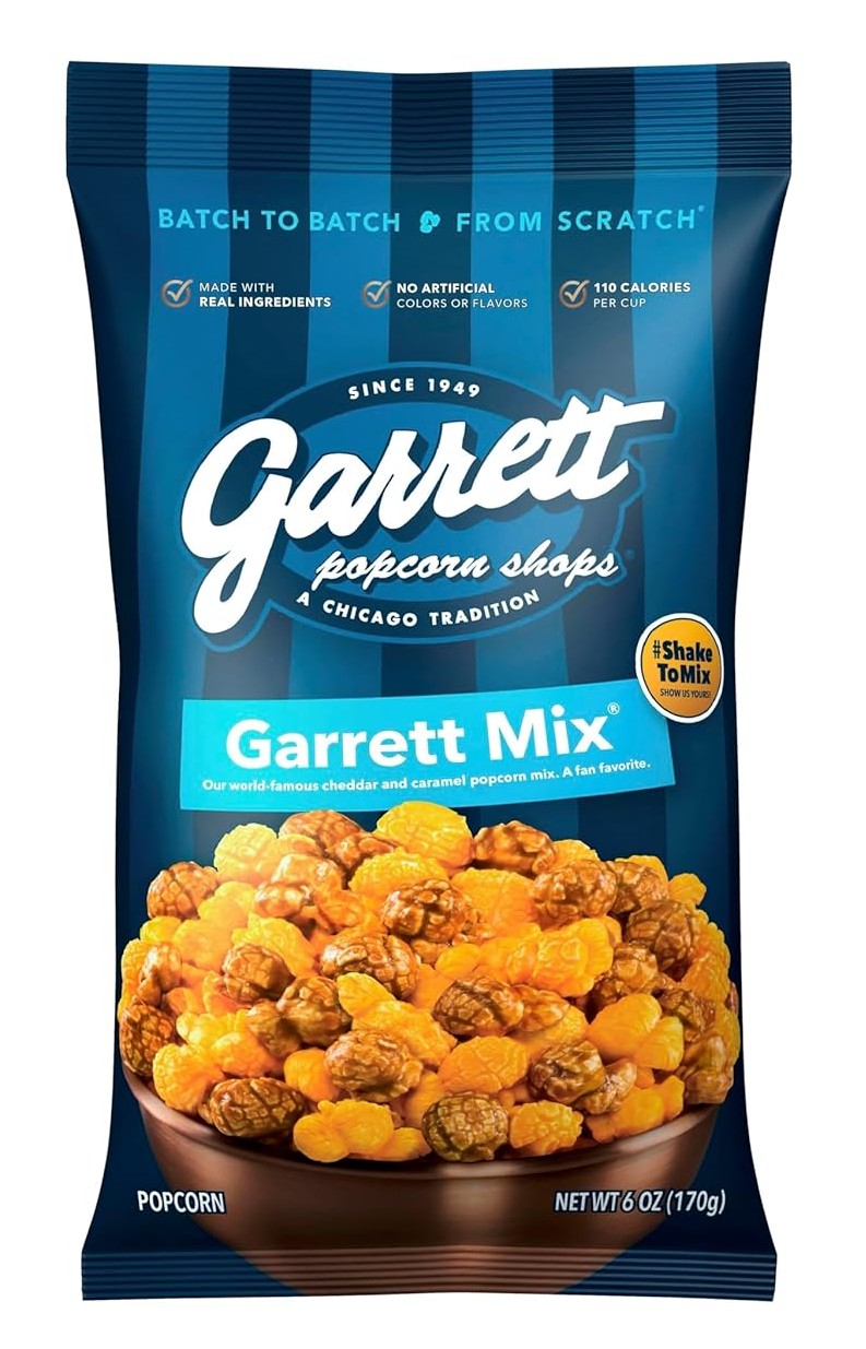 A 6 oz. bag of Garrett Mix popcorn featuring cheese and caramel flavors.
