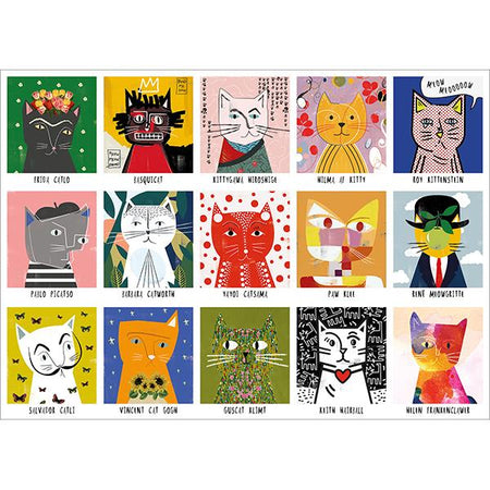 A collection of illustrated art cats featured in a 1000-piece jigsaw puzzle from happily, with each segment showing a different whimsical drawing of a cat with various accessories and expressions.