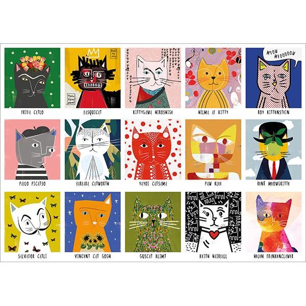 A collection of illustrated art cats featured in a 1000-piece jigsaw puzzle from happily, with each segment showing a different whimsical drawing of a cat with various accessories and expressions.