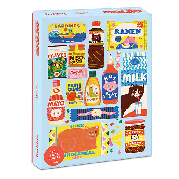 happily jigsaw Puzzle box with colorful illustrations of cat food items and cats on a light blue background