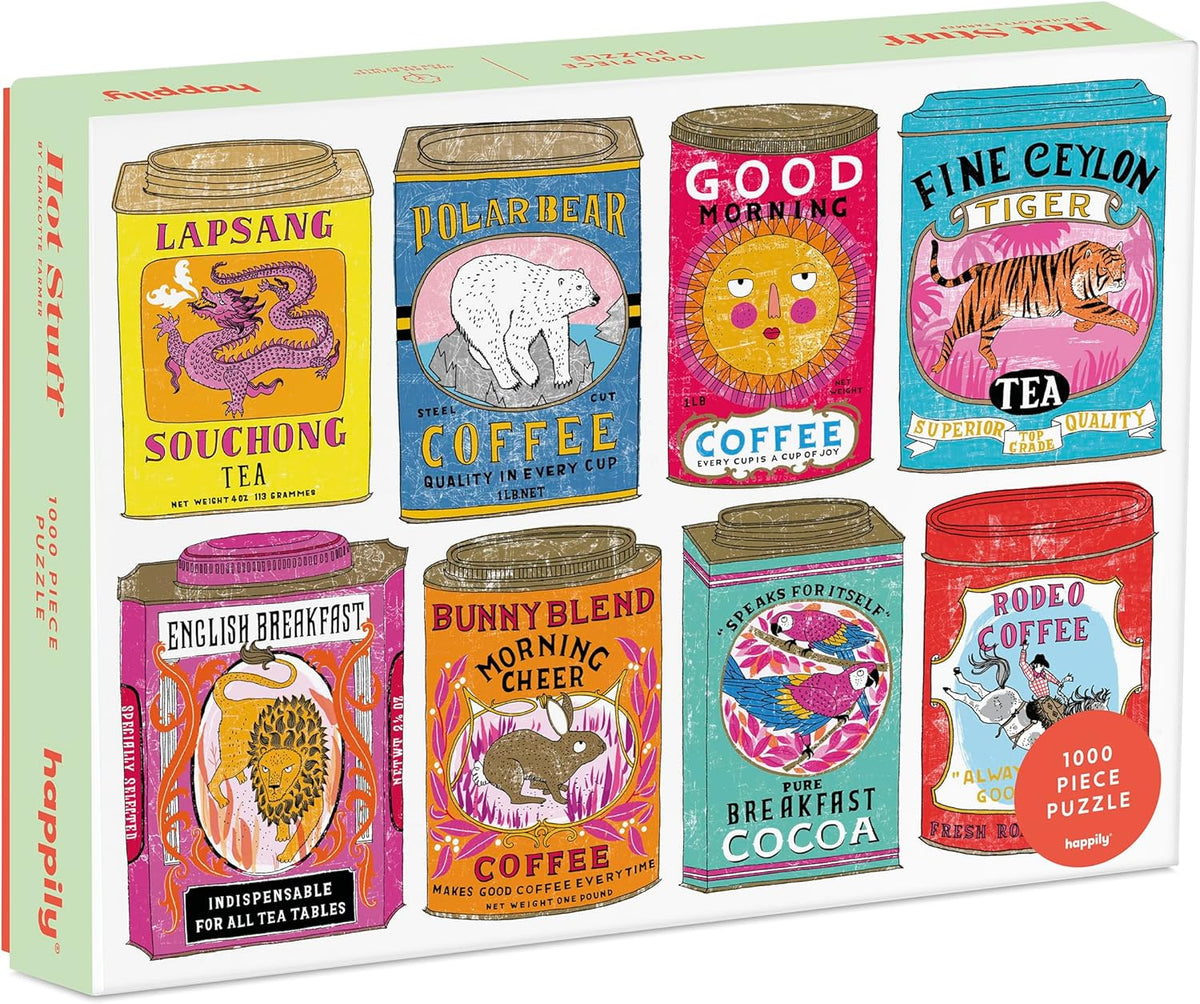 happily jigsaw Puzzle box of "hot stuff" with colorful tea and coffee canister designs.