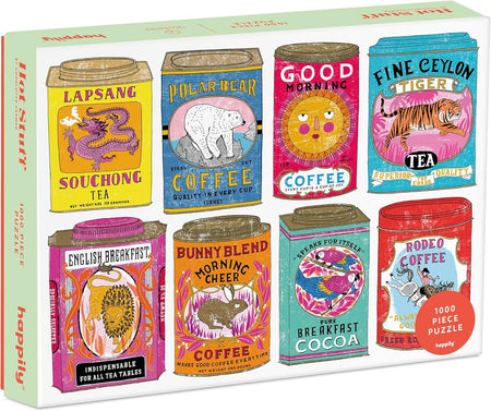 happily jigsaw Puzzle box of "hot stuff" with colorful tea and coffee canister designs.