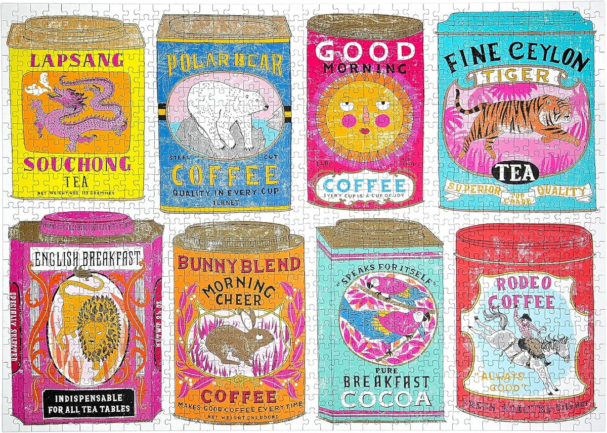 A happily 1000-piece jigsaw puzzle "hot stuff" with illustrations of vintage coffee and tea tins in vibrant colors.